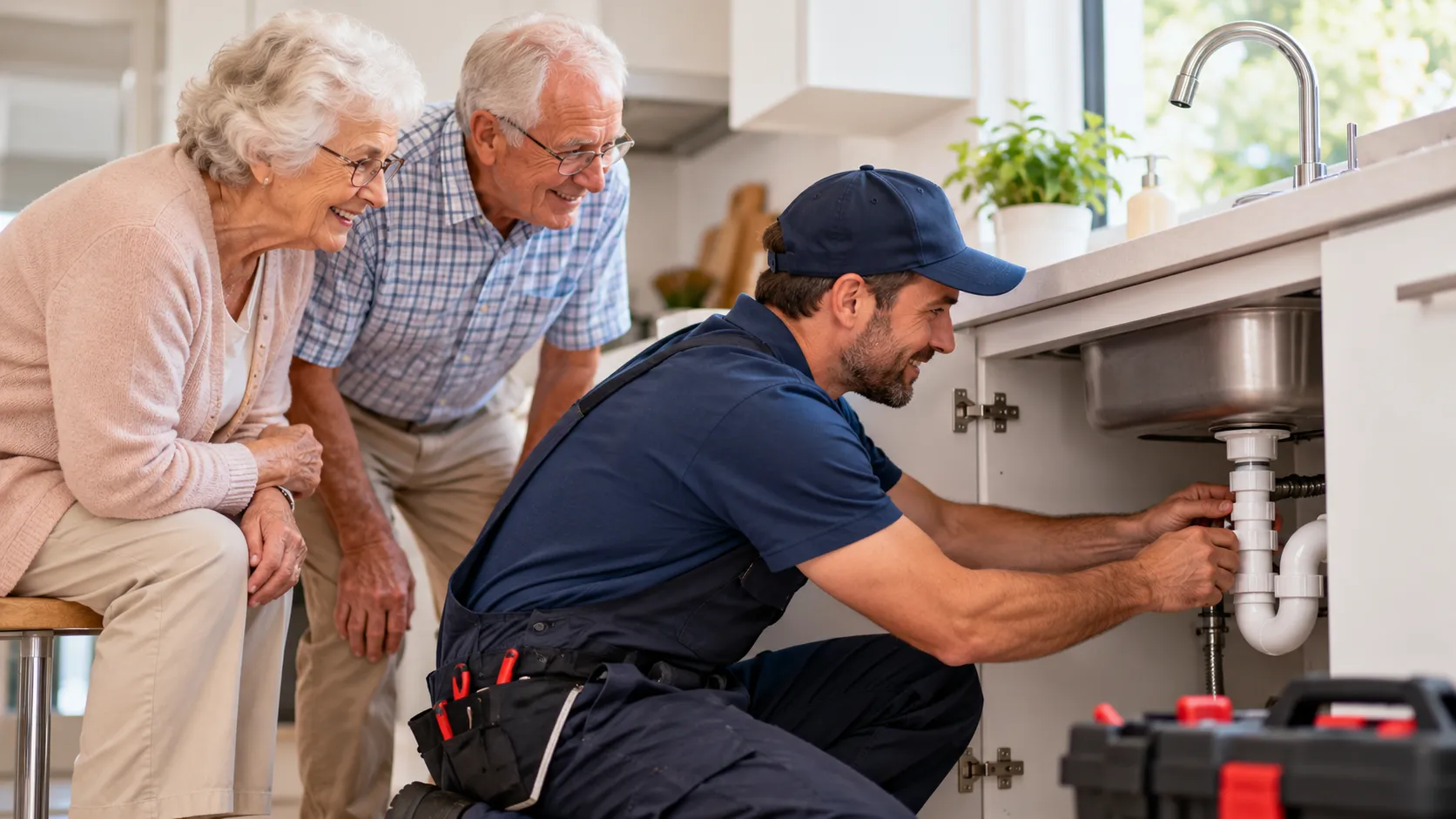 Friendly Plumber Fixing Kitchen Sink Homepage banner image